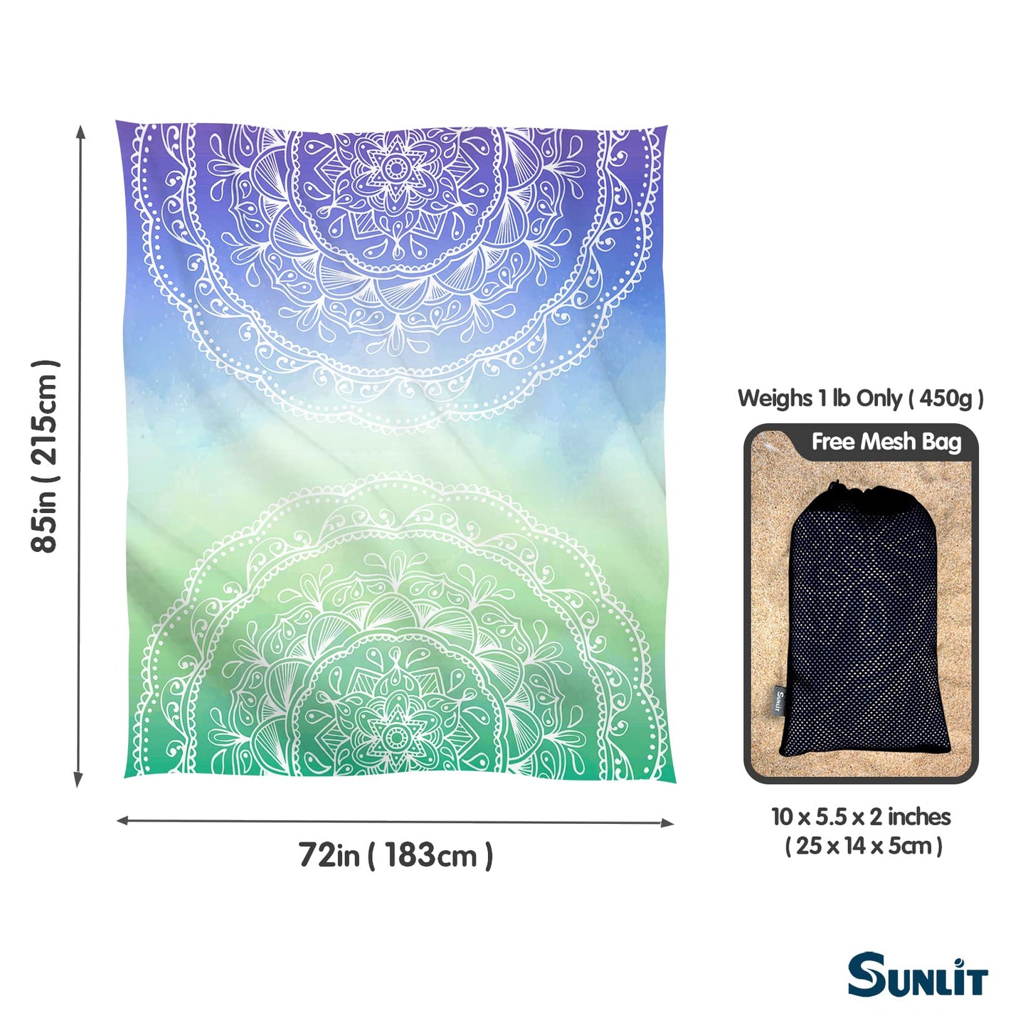 Sunlit 10'x9' Extra Large Boho Sand Proof Beach Blanket, Sand Proof Mat with Corner Pockets and Mesh Bag for Beach Party, Travel, Camping and Outdoor Music Festival, Light Orange and Sky Blue Mandala