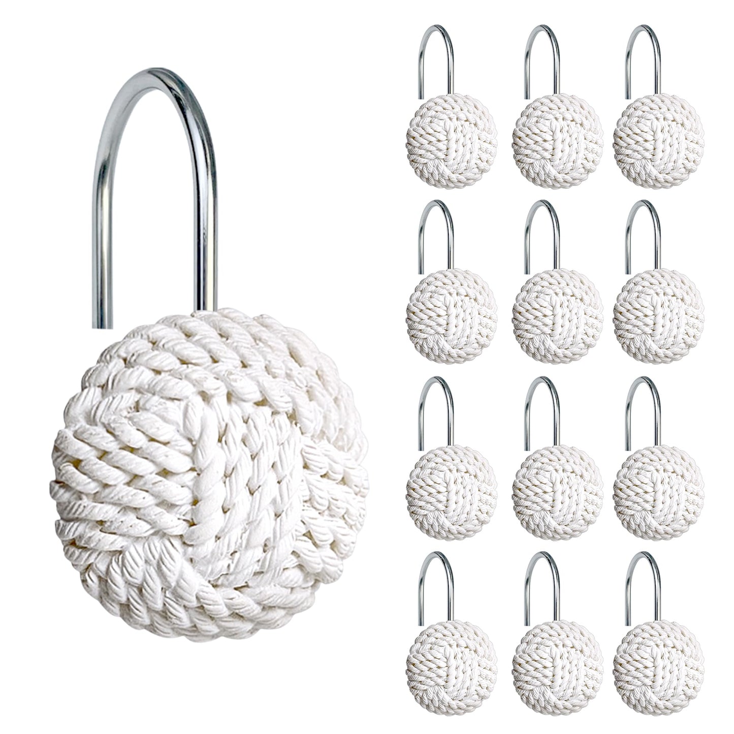 Sunlit Boho Knots Double Shower Curtain Hooks, Home Decorative White Shower Curtain Rings for Bathroom, Seaside Nautical Shower Curtain Hangers Bathroom Accessories, Set of 12