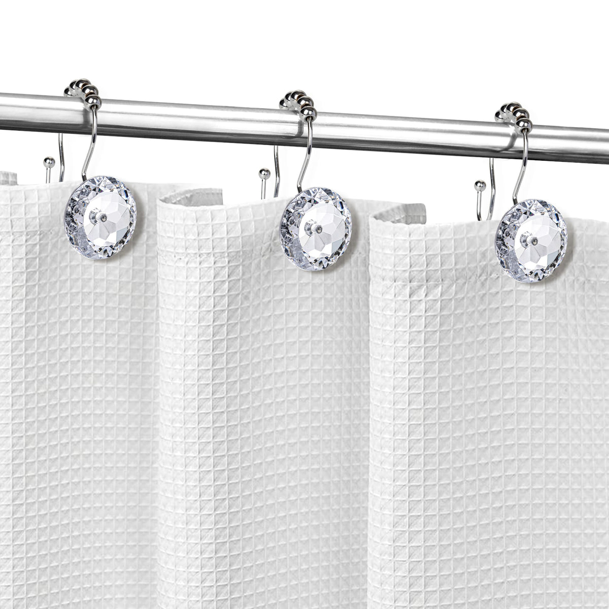 Sunlit Round Rhinestone Shower Curtain Hooks with Glide Balls, 12 Pack