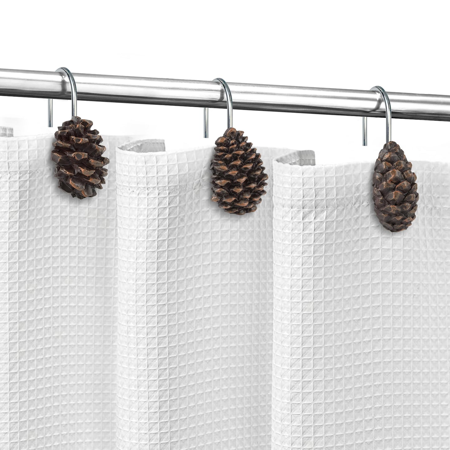 Sunlit Snowy Pinecone Shower Curtain Hooks Set of 12, Snow-Tipped Pine Cone Curtain Rings for Christmas Winter Bathroom Decor, Rustic Decorative Resin Bath Accessories