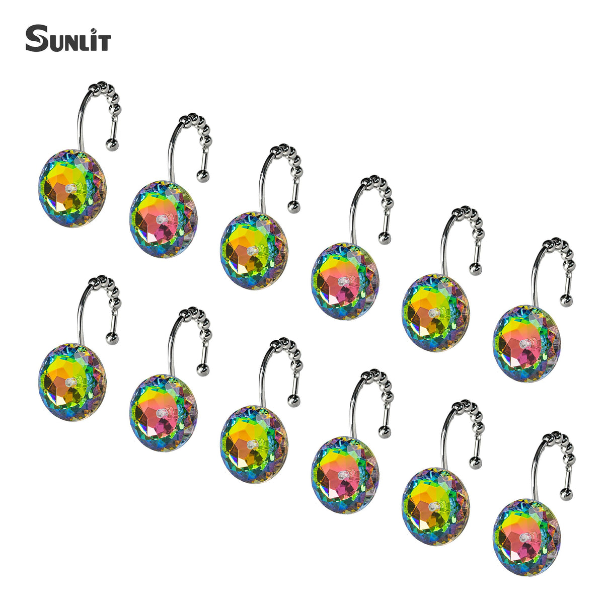 Sunlit Round Rhinestone Shower Curtain Hooks with Glide Balls, 12 Pack