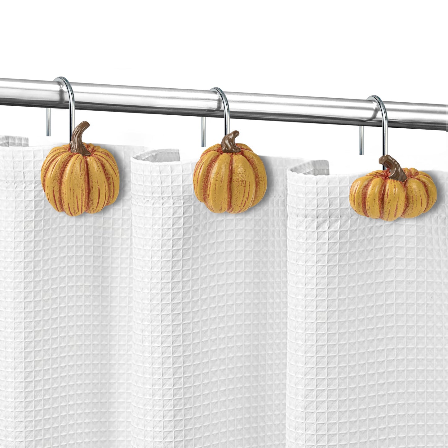 Sunlit Fall Pumpkin Decorative Shower Curtain Hooks, Autumn Harvest Festival Shower Curtain Rings, Resin Farmhouse Bathroom Curtain Hangers Decoration, Set of 12, Orange Blue White