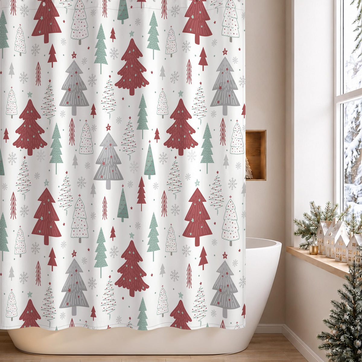 Sunlit Christmas Shower Curtain, Blue and Gray Xmas Trees with Stars and Snow Pattern Shower Curtains for Bathroom Decor, Winter Snowflake Pine Tree Bathroom Curtains, 71x71 Inch