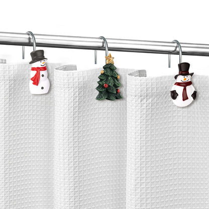 Sunlit Christmas Tree Snowman Decorative Shower Curtain Hooks, Green White Shower Curtain Rings, Resin, Xmas Theme Winter Holiday Bathroom Decoration, Set of 12