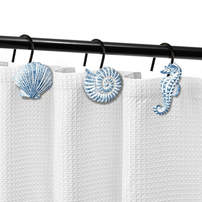 Sunlit Seashells Decorative Shower Curtain Hooks, Aqua Blue Ocean Creatures Coastal Shower Curtain Rings with Black Hooks, Resin, Nautical Bathroom Decoration Beach Shower Curtain Hooks, Set of 12