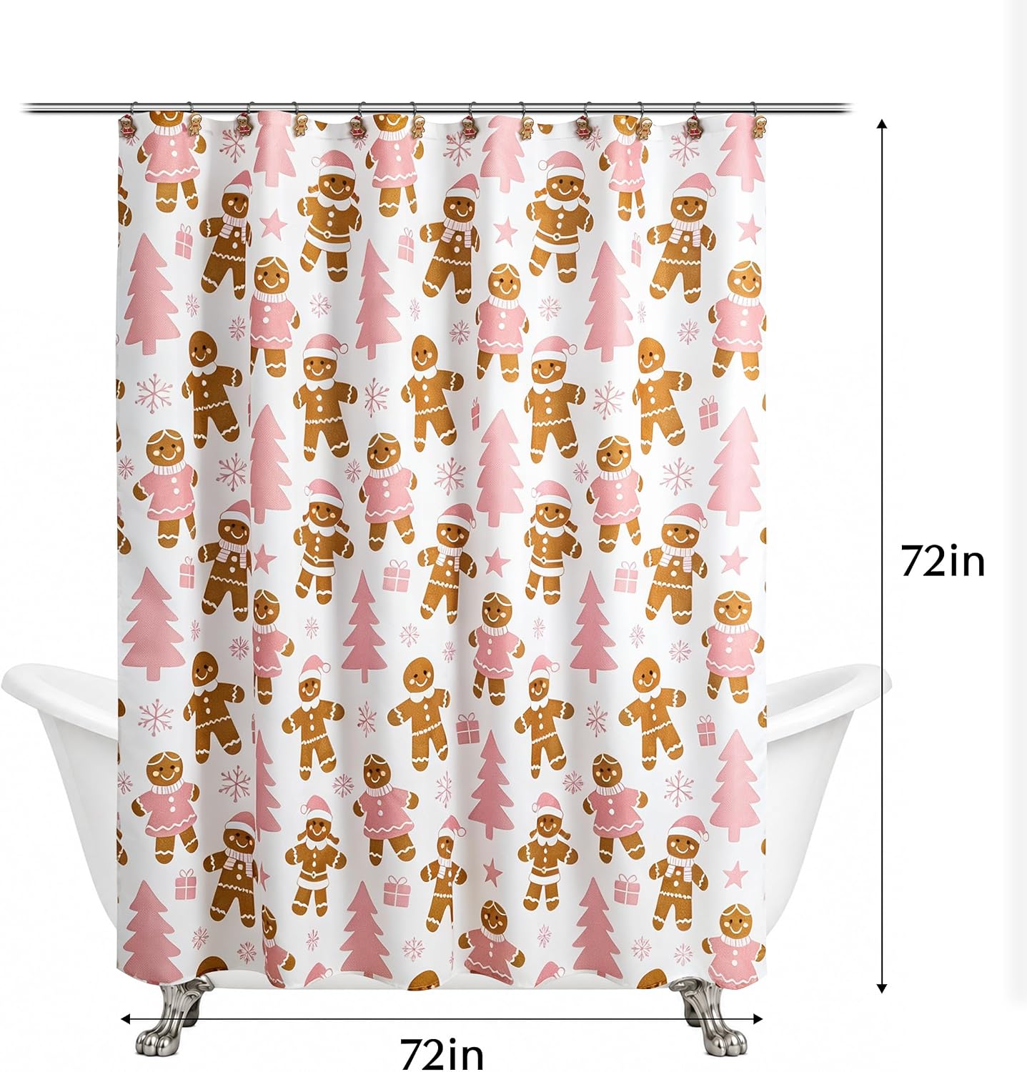 Sunlit Christmas Shower Curtain, Cute Gingerbread Men, Pink Christmas Trees and Gifts with Snowflake Accents, Whimsical Holiday Bathroom Decor, 72" x 72"