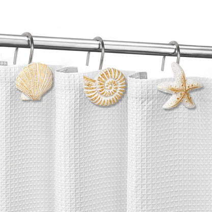 Sunlit Seashells Decorative Shower Curtain Hooks, Scallop Nautilus & Seahorse Shower Curtain Rings, Seashell Blush, Resin, Nautical Bathroom Decoration Beach Shower Curtain Hooks-12 Pack