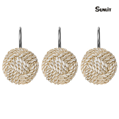 Sunlit Boho Knots Double Shower Curtain Hooks, Home Decorative White Shower Curtain Rings for Bathroom, Seaside Nautical Shower Curtain Hangers Bathroom Accessories, Set of 12