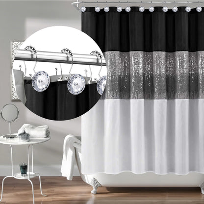 Sunlit Round Rhinestone Shower Curtain Hooks with Glide Balls, 12 Pack