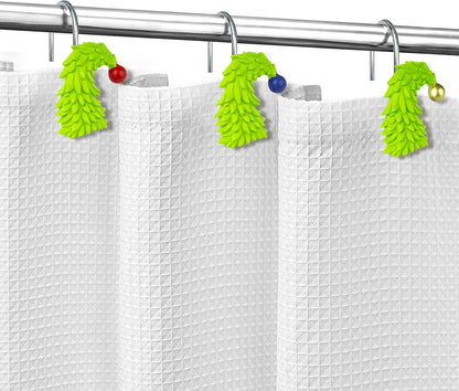 Sunlit Christmas Tree Decorative Shower Curtain Hooks with Festive Ball Ornaments, Lime Green Shower Curtain Rings, Resin, Xmas Theme Winter Holiday Bathroom Decoration, Set of 12
