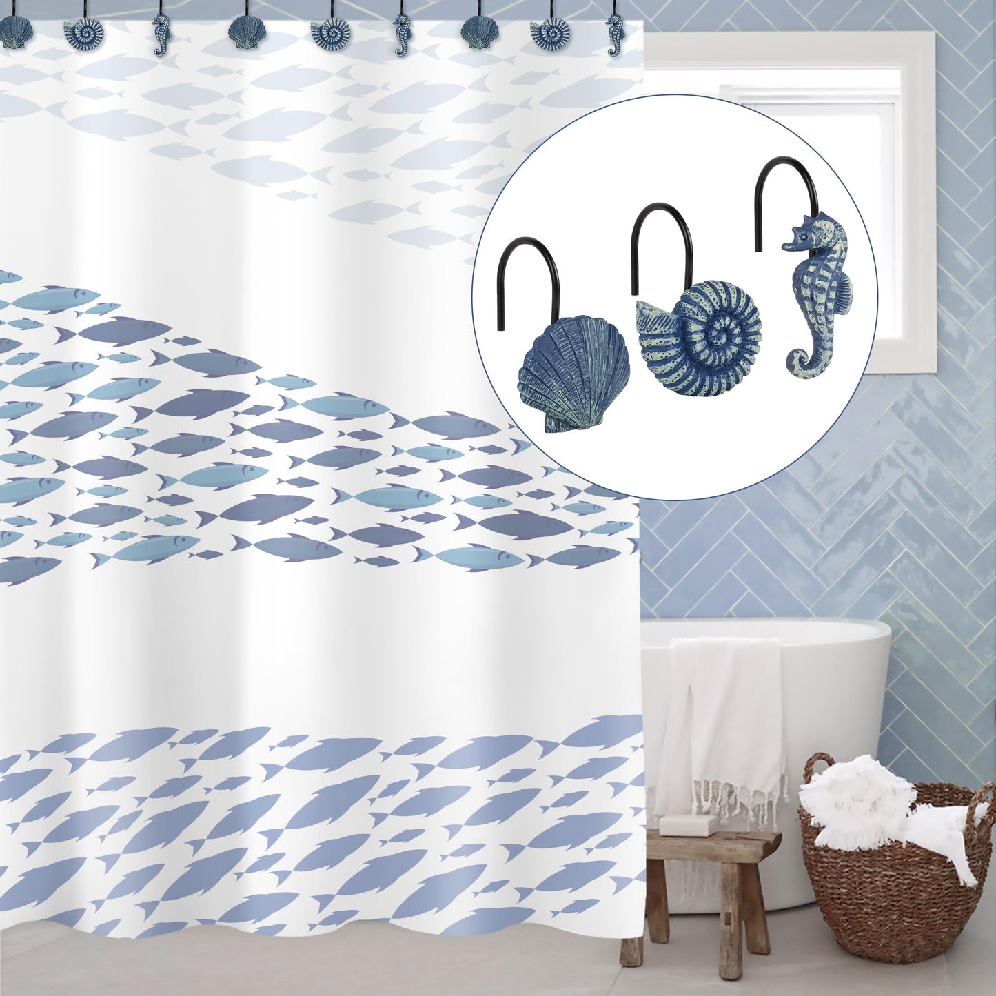 Sunlit Seashells Decorative Shower Curtain Hooks, Aqua Blue Ocean Creatures Coastal Shower Curtain Rings with Black Hooks, Resin, Nautical Bathroom Decoration Beach Shower Curtain Hooks, Set of 12