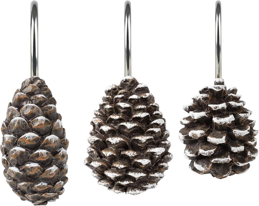 Sunlit Snowy Pinecone Shower Curtain Hooks Set of 12, Snow-Tipped Pine Cone Curtain Rings for Christmas Winter Bathroom Decor, Rustic Decorative Resin Bath Accessories