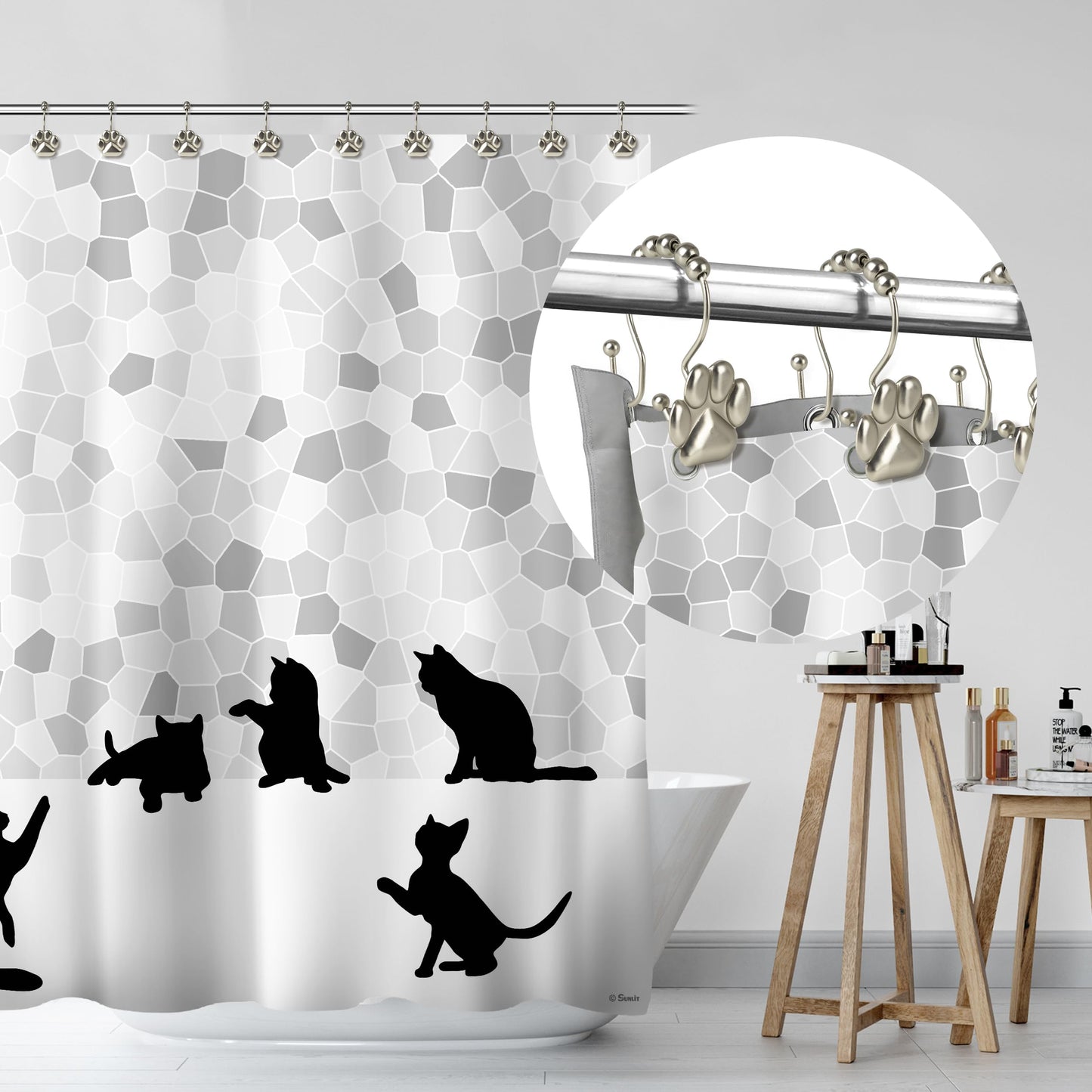 Sunlit Fashion Design Cute Paw Print Polished Double Shower Curtain Hooks for Dog Cat and Bear, Rust Proof Oil Metal Shower Curtain Rings, Black-12 Pack