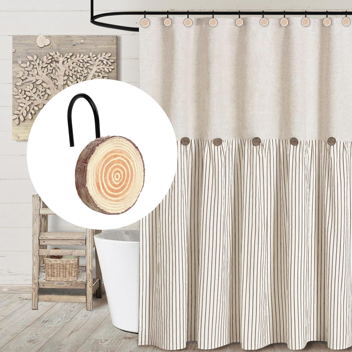 Sunlit Farmhouse Wooden Slices Shower Curtain Hooks, Rustic Home Decorative Shower Curtain Rings with Black Hooks for Bathroom, Resin Shower Curtain Hangers Bathroom Accessories, Set of 12