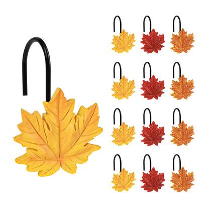 Sunlit Fall Autumn Decorative Shower Curtain Hooks, Pumpkin Maple Leaf Squirrel Acorn Shower Curtain Rings with Black Hooks, Resin, Orange Leaves Cute Bathroom Curtain Hangers Decoration, Set of 12