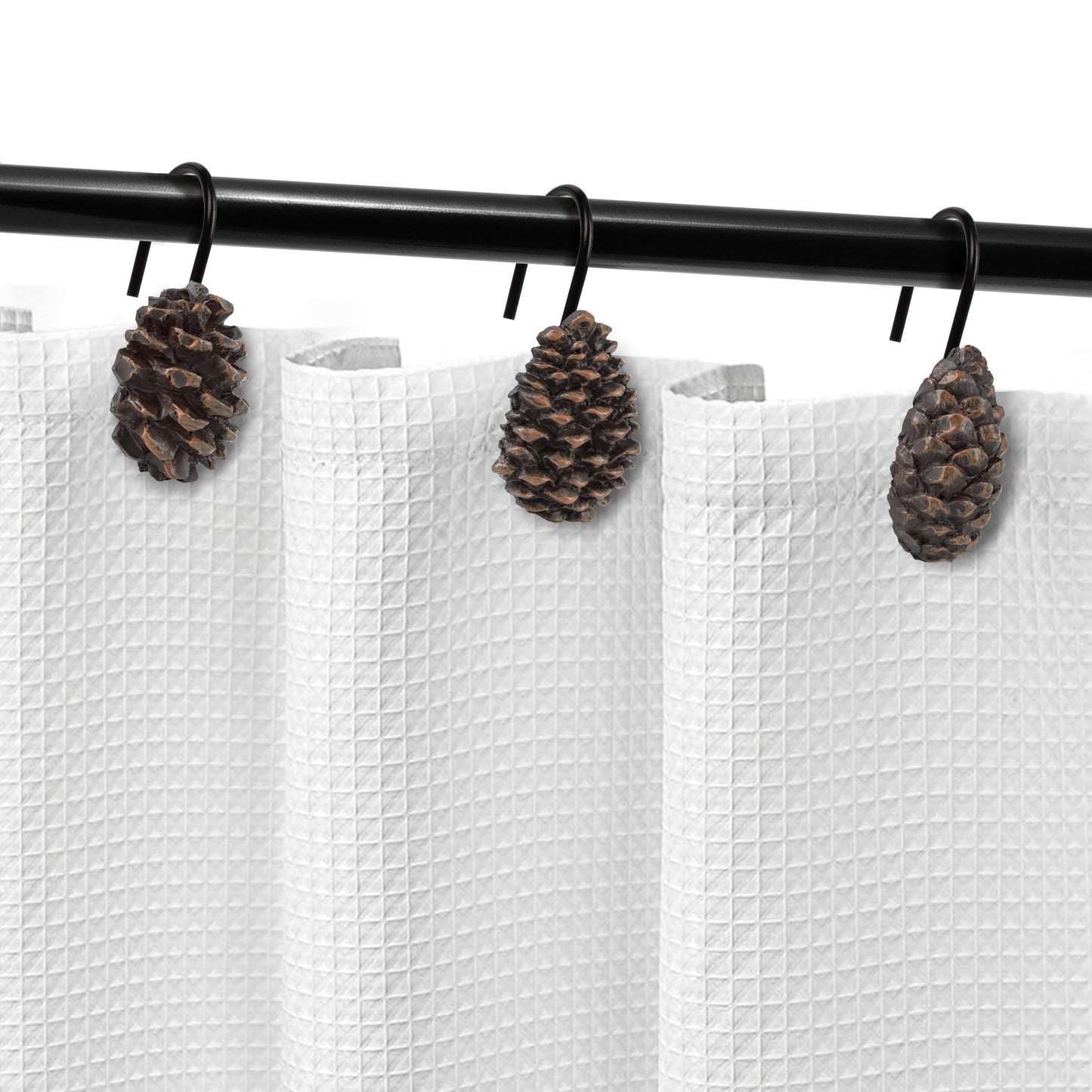 Sunlit Snowy Pinecone Shower Curtain Hooks Set of 12, Snow-Tipped Pine Cone Curtain Rings for Christmas Winter Bathroom Decor, Rustic Decorative Resin Bath Accessories