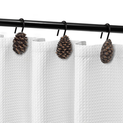 Sunlit Snowy Pinecone Shower Curtain Hooks Set of 12, Snow-Tipped Pine Cone Curtain Rings for Christmas Winter Bathroom Decor, Rustic Decorative Resin Bath Accessories