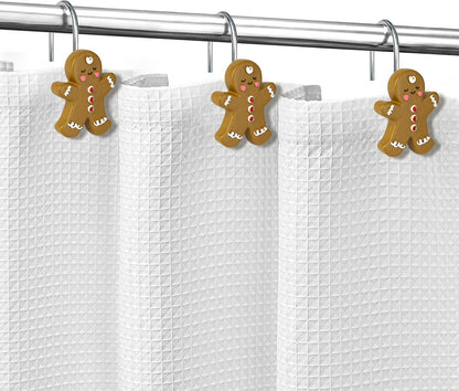 Sunlit Christmas Tree Snowman Decorative Shower Curtain Hooks, Green White Shower Curtain Rings, Resin, Xmas Theme Winter Holiday Bathroom Decoration, Set of 12