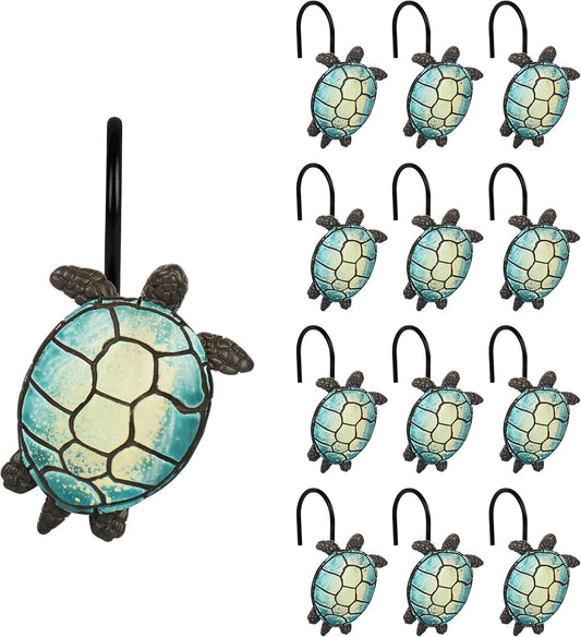 Sunlit Tilt Sea Turtle Shower Curtain Hooks, Home Decorative Shower Curtain Rings with Black Hooks for Bathroom, Resin, Ocean Shower Curtain Hanger Hooks for Kid Room Living Room, Set of 12