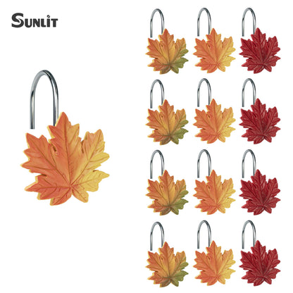 Sunlit Fall Autumn Decorative Shower Curtain Hooks, Pumpkin Maple Leaf Squirrel Acorn Shower Curtain Rings with Black Hooks, Resin, Orange Leaves Cute Bathroom Curtain Hangers Decoration, Set of 12