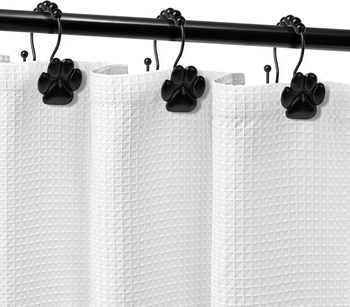 Sunlit Fashion Design Cute Paw Print Polished Double Shower Curtain Hooks for Dog Cat and Bear, Rust Proof Oil Metal Shower Curtain Rings, Black-12 Pack