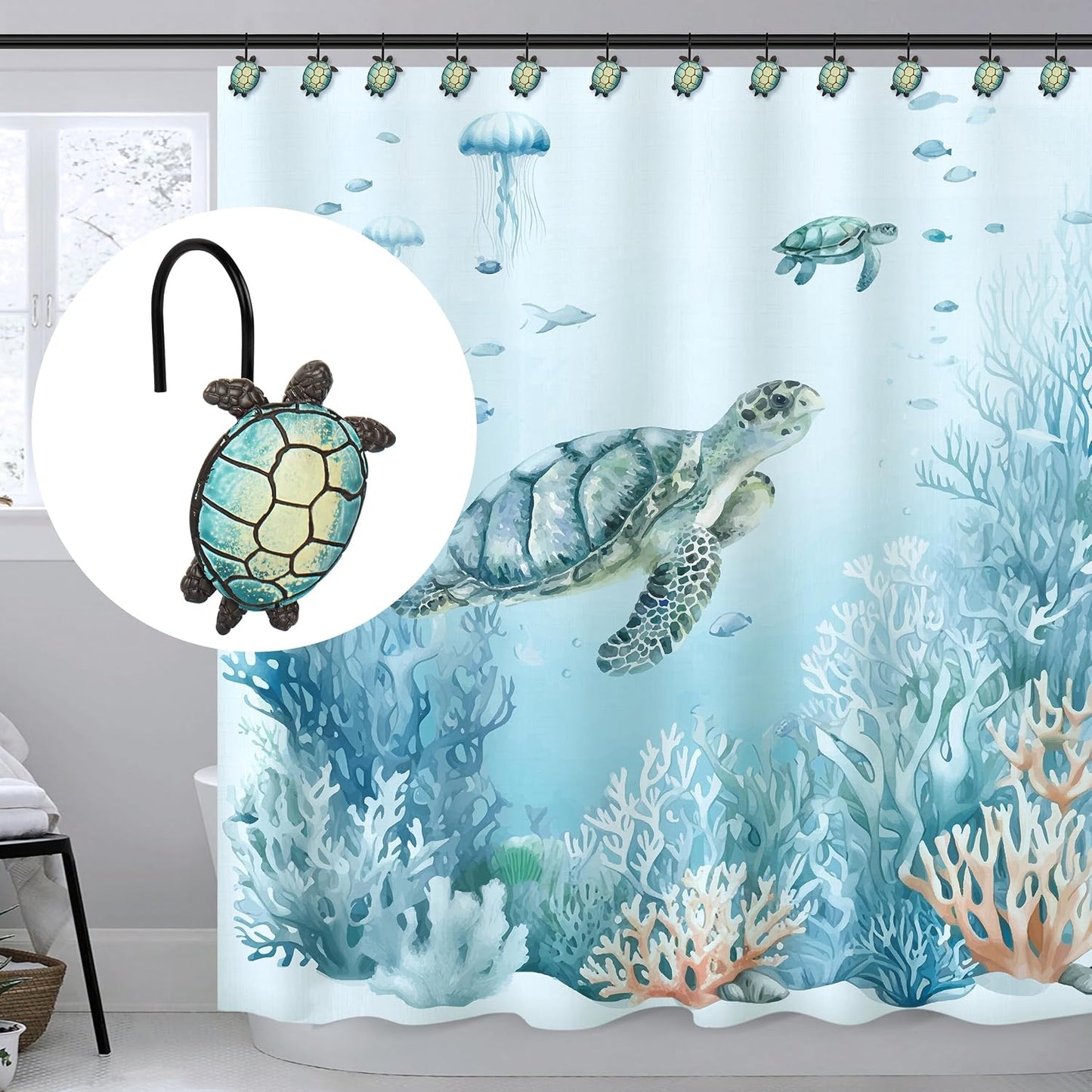 Sunlit Tilt Sea Turtle Shower Curtain Hooks, Home Decorative Shower Curtain Rings with Black Hooks for Bathroom, Resin, Ocean Shower Curtain Hanger Hooks for Kid Room Living Room, Set of 12