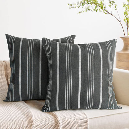 Sunlit Decorative Farmhouse Throw Pillow Case, Set of 2 Cream/Off-White with Black Stripes Modern Accent Square Pillow Cover, 22" x 22", Textured Linen Throw Cushion Covers for Couch Chair Bedroom