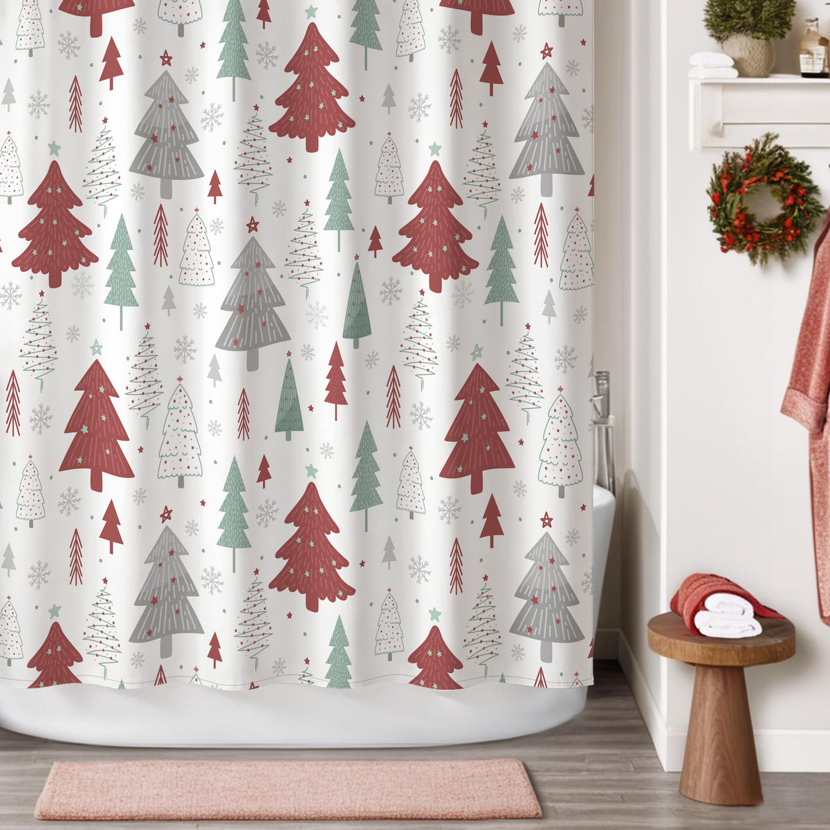Sunlit Christmas Shower Curtain, Blue and Gray Xmas Trees with Stars and Snow Pattern Shower Curtains for Bathroom Decor, Winter Snowflake Pine Tree Bathroom Curtains, 71x71 Inch