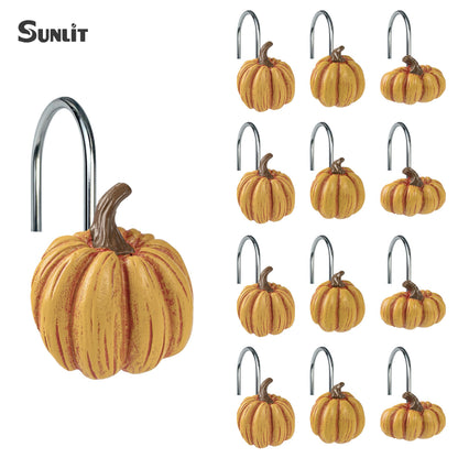 Sunlit Fall Pumpkin Decorative Shower Curtain Hooks, Autumn Harvest Festival Shower Curtain Rings, Resin Farmhouse Bathroom Curtain Hangers Decoration, Set of 12, Orange Blue White