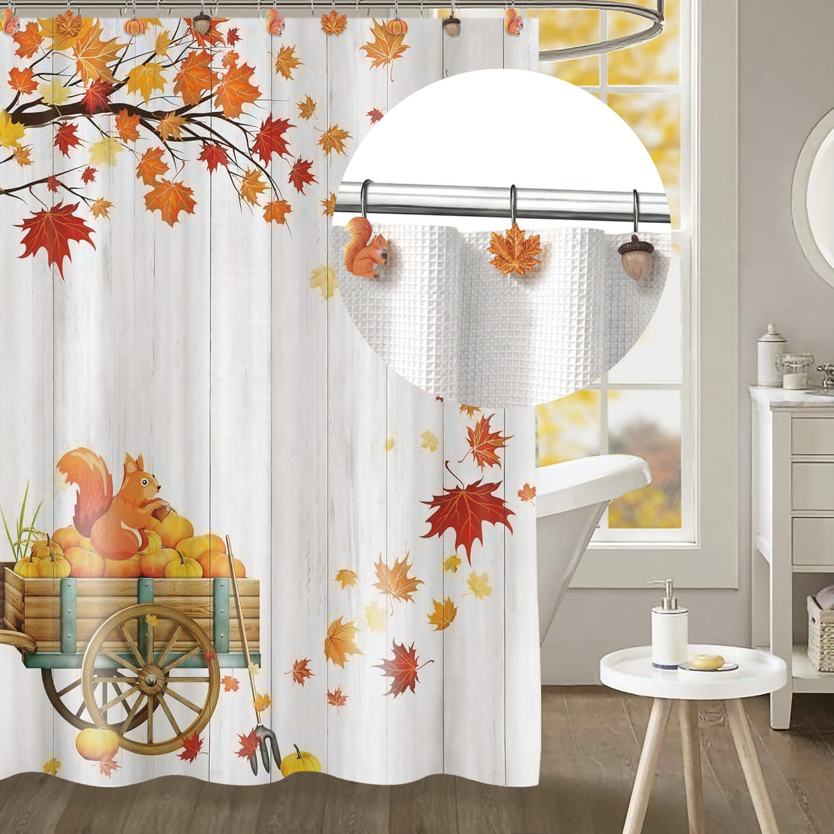 Sunlit Fall Autumn Decorative Shower Curtain Hooks, Pumpkin Maple Leaf Squirrel Acorn Shower Curtain Rings with Black Hooks, Resin, Orange Leaves Cute Bathroom Curtain Hangers Decoration, Set of 12