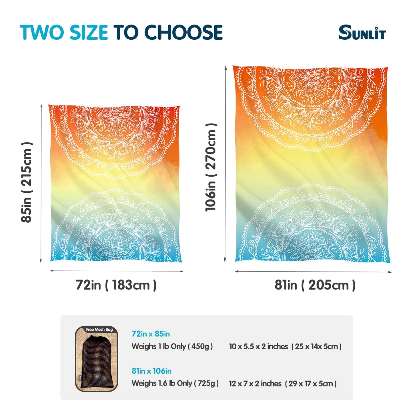 Sunlit 10'x9' Extra Large Boho Sand Proof Beach Blanket, Sand Proof Mat with Corner Pockets and Mesh Bag for Beach Party, Travel, Camping and Outdoor Music Festival, Light Orange and Sky Blue Mandala