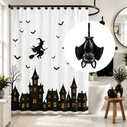 Sunlit Upside Down Bat Shower Curtain Hooks, Home Decorative Shower Curtain Rings for Bathroom, Halloween Shower Curtain Hangers Bathroom Accessories, Set of 12, Black