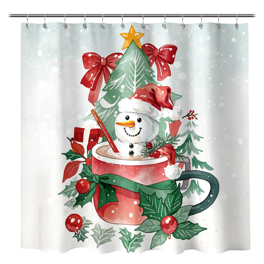 Sunlit Christmas Shower Curtain, Red Mug Hot Cocoa with Snowman Marshmallows and Gingerbread Cookies, Whimsical Holiday Scene Festive Bathroom Fabric Shower Curtain, Home Decor Tapestry, 72" x 72"