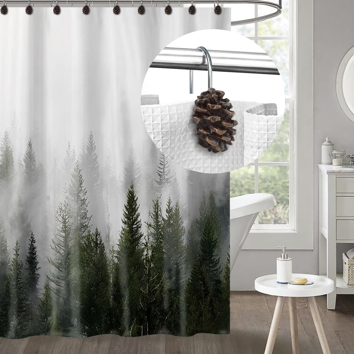 Sunlit Snowy Pinecone Shower Curtain Hooks Set of 12, Snow-Tipped Pine Cone Curtain Rings for Christmas Winter Bathroom Decor, Rustic Decorative Resin Bath Accessories