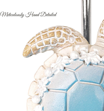 Sunlit Sea Turtle Shower Curtain Hooks with Pearl Accents, Nautical Home Decorative Shower Curtain Rings, Hand-Painted Resin, Cute Ocean Shower Curtain Hanger Hooks for Kids Bathroom, Set of 12