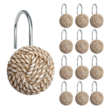 Sunlit Boho Knots Double Shower Curtain Hooks, Home Decorative White Shower Curtain Rings for Bathroom, Seaside Nautical Shower Curtain Hangers Bathroom Accessories, Set of 12