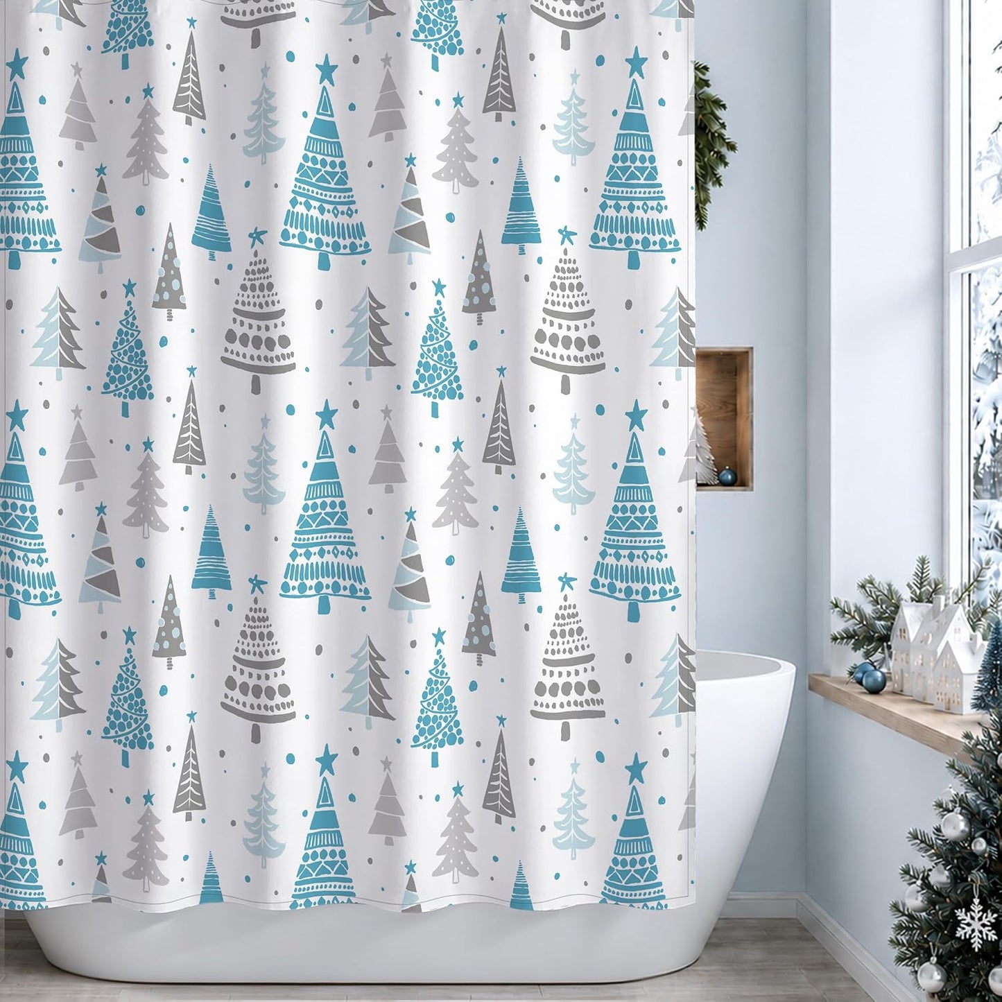 Sunlit Christmas Shower Curtain, Blue and Gray Xmas Trees with Stars and Snow Pattern Shower Curtains for Bathroom Decor, Winter Snowflake Pine Tree Bathroom Curtains, 71x71 Inch