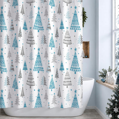 Sunlit Christmas Shower Curtain, Blue and Gray Xmas Trees with Stars and Snow Pattern Shower Curtains for Bathroom Decor, Winter Snowflake Pine Tree Bathroom Curtains, 71x71 Inch