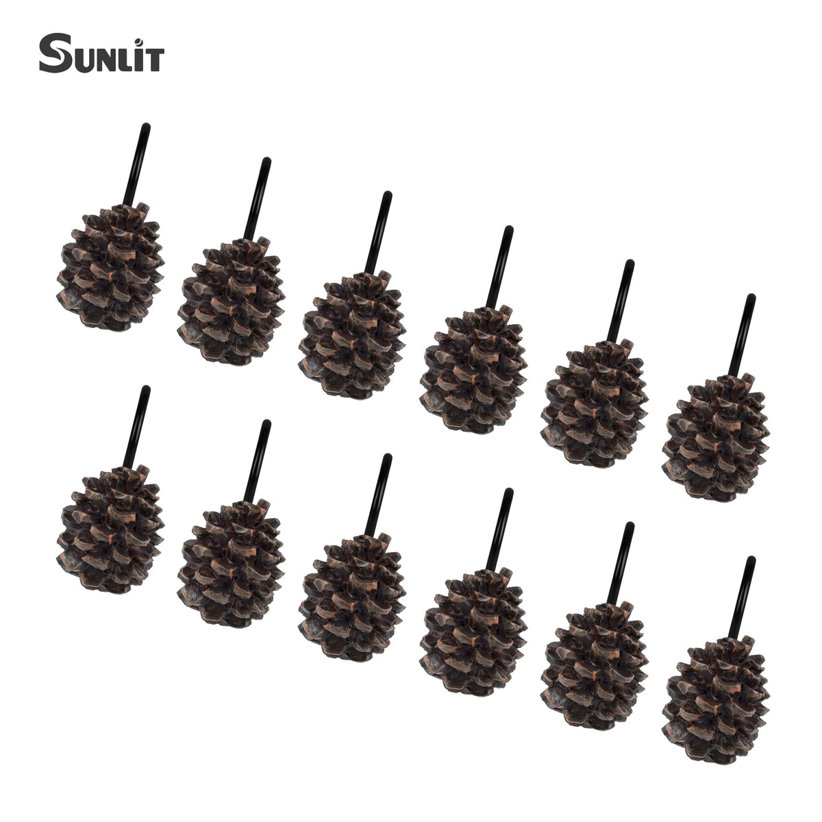 Sunlit Snowy Pinecone Shower Curtain Hooks Set of 12, Snow-Tipped Pine Cone Curtain Rings for Christmas Winter Bathroom Decor, Rustic Decorative Resin Bath Accessories