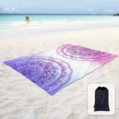 Sunlit 10'x9' Extra Large Boho Sand Proof Beach Blanket, Sand Proof Mat with Corner Pockets and Mesh Bag for Beach Party, Travel, Camping and Outdoor Music Festival, Light Orange and Sky Blue Mandala