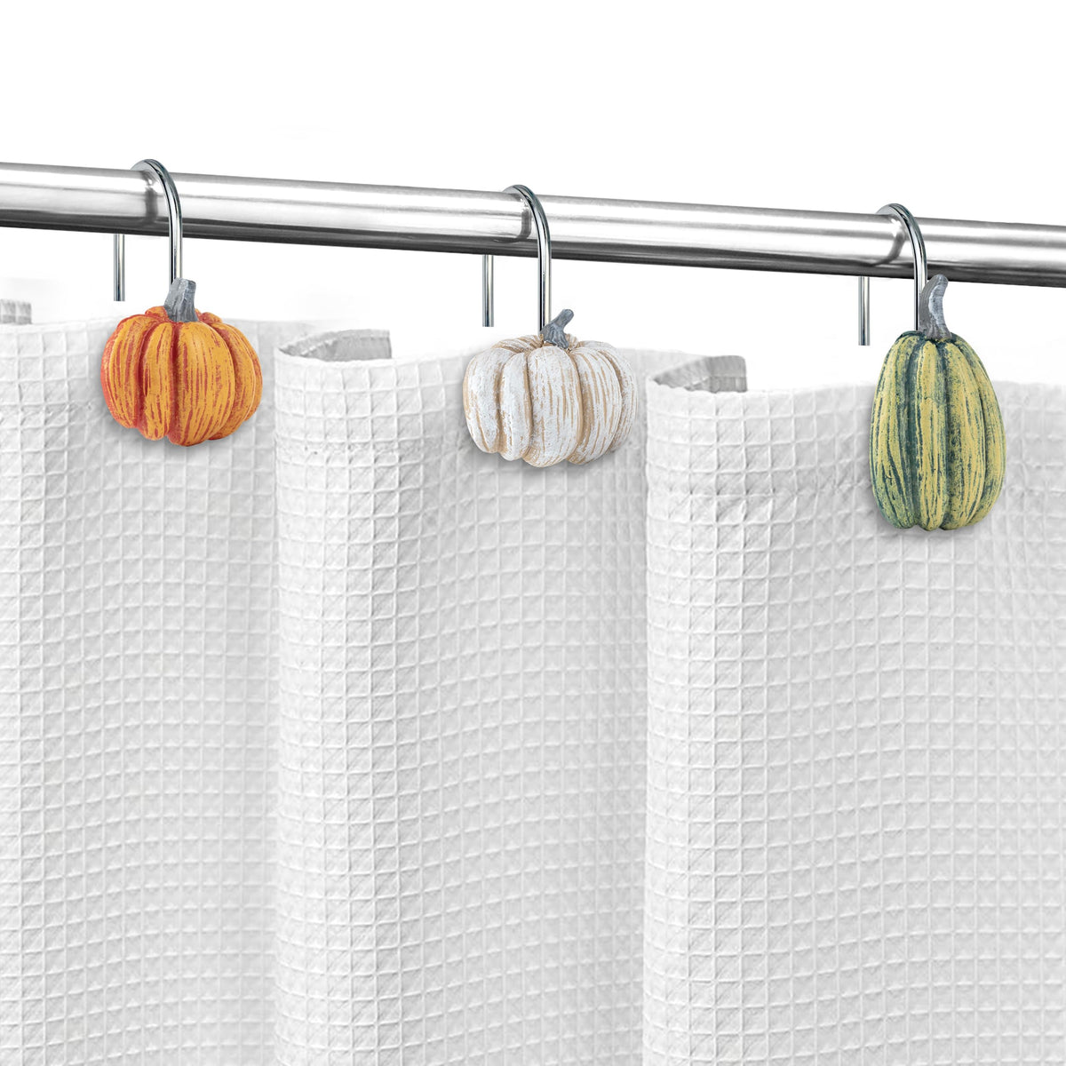Sunlit Fall Pumpkin Decorative Shower Curtain Hooks, Autumn Harvest Festival Shower Curtain Rings, Resin Farmhouse Bathroom Curtain Hangers Decoration, Set of 12, Orange Blue White