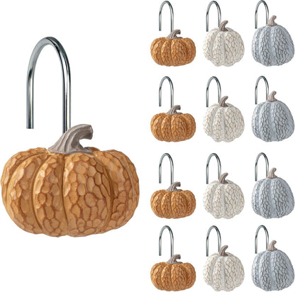 Sunlit Fall Pumpkin Decorative Shower Curtain Hooks, Autumn Harvest Festival Shower Curtain Rings, Resin Farmhouse Bathroom Curtain Hangers Decoration, Set of 12, Orange Blue White