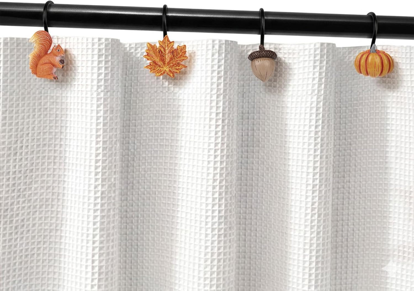 Sunlit Fall Autumn Decorative Shower Curtain Hooks, Pumpkin Maple Leaf Squirrel Acorn Shower Curtain Rings with Black Hooks, Resin, Orange Leaves Cute Bathroom Curtain Hangers Decoration, Set of 12