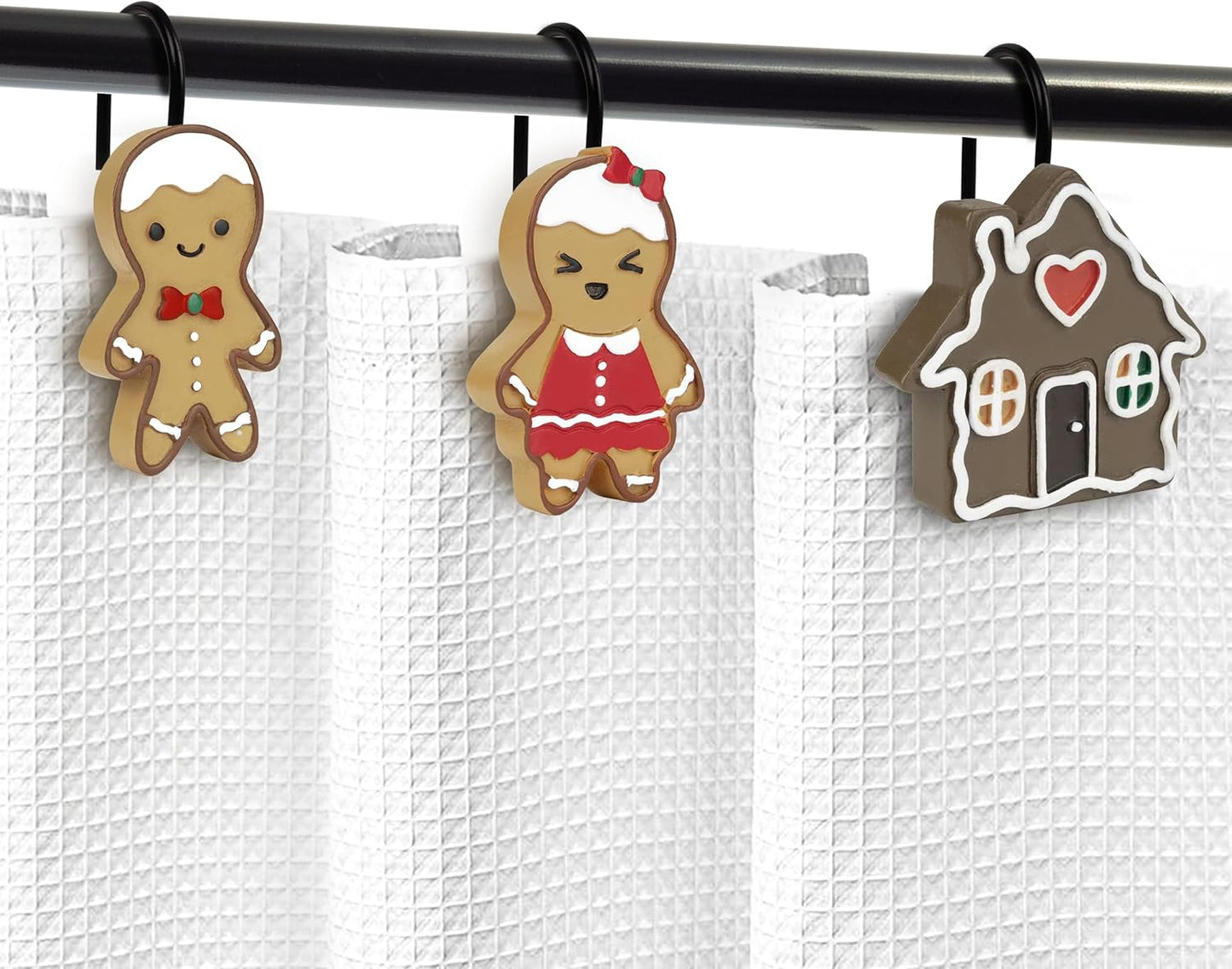 Sunlit Christmas Decorative Shower Curtain Hooks, Cute Gingerbread Man Cookie Shower Curtain Rings, Xmas Winter Holiday Bathroom Decoration for Kids Girls Boys Children, Resin, Set of 12