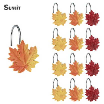 Sunlit Fall Autumn Decorative Shower Curtain Hooks, Pumpkin Maple Leaf Squirrel Acorn Shower Curtain Rings with Black Hooks, Resin, Orange Leaves Cute Bathroom Curtain Hangers Decoration, Set of 12