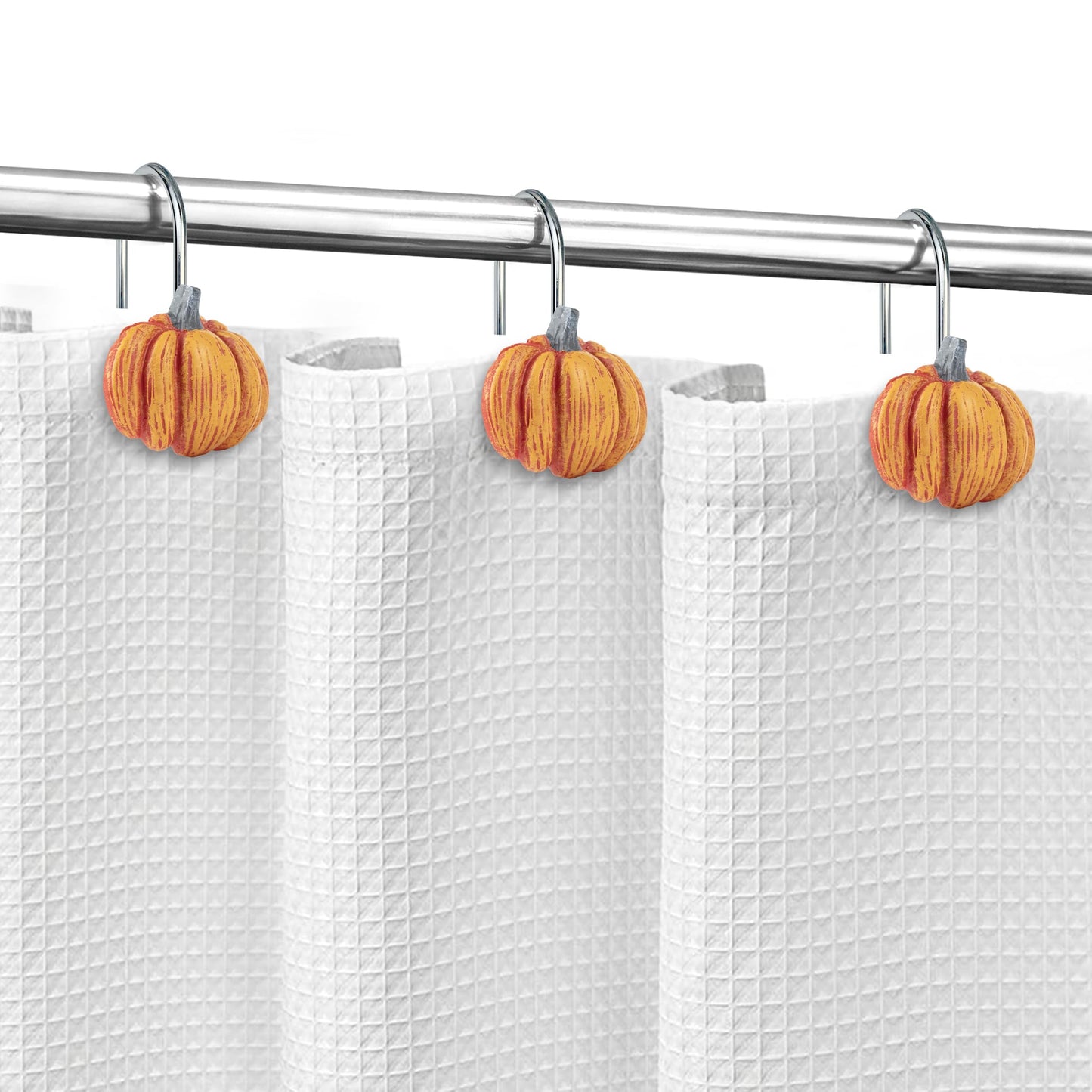 Sunlit Fall Pumpkin Decorative Shower Curtain Hooks, Autumn Harvest Festival Shower Curtain Rings, Resin Farmhouse Bathroom Curtain Hangers Decoration, Set of 12, Orange Blue White