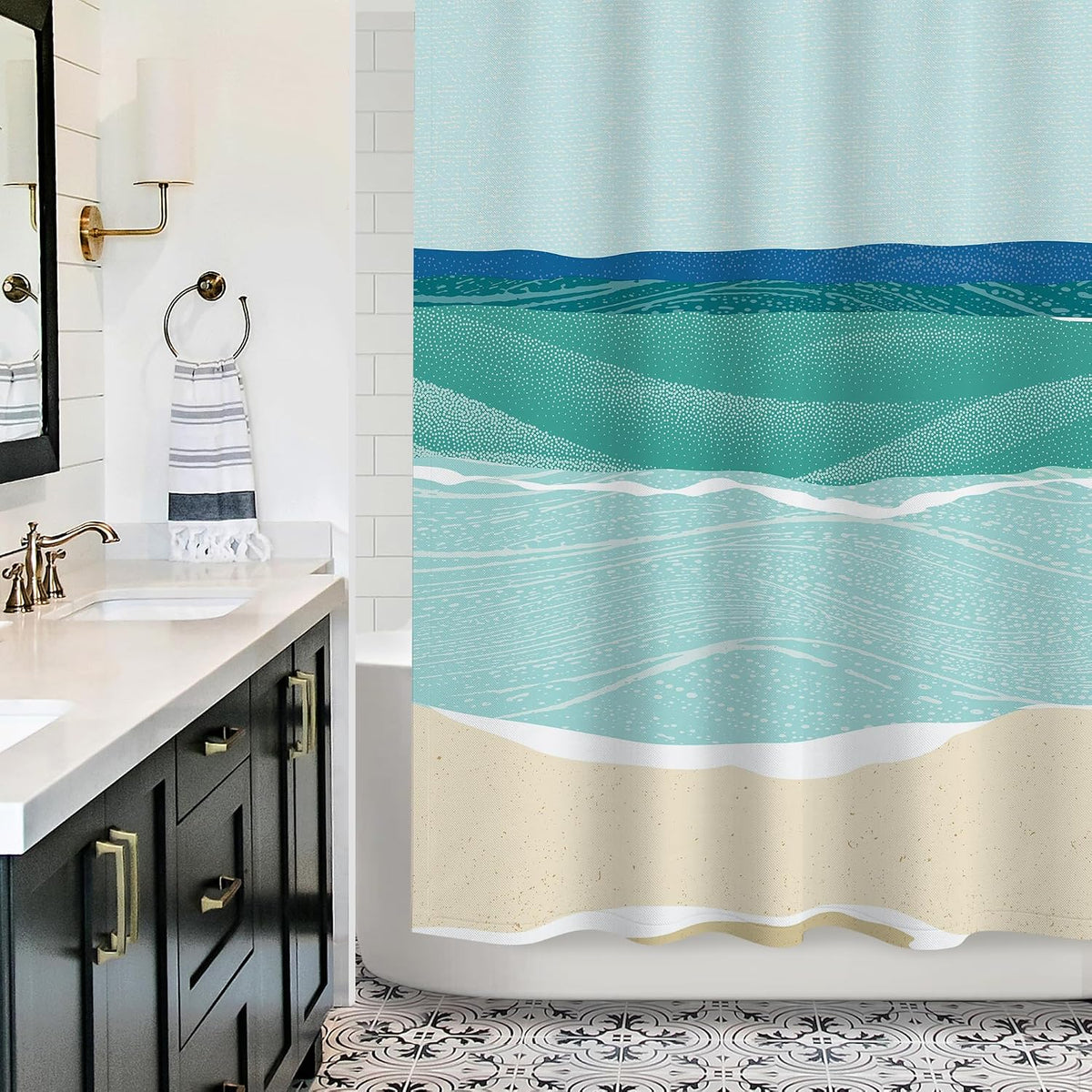 Abstract Beach Shower Curtain, Blue Seashore Ocean Shower Curtains for Modern Bathroom Decor, Coastal Sea Waves Bathroom Curtains, 72x72