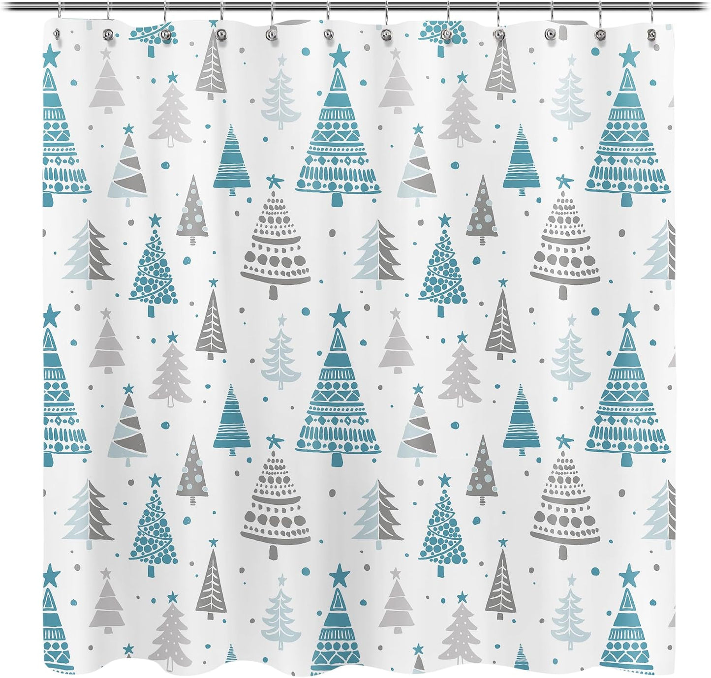 Sunlit Christmas Shower Curtain, Blue and Gray Xmas Trees with Stars and Snow Pattern Shower Curtains for Bathroom Decor, Winter Snowflake Pine Tree Bathroom Curtains, 71x71 Inch