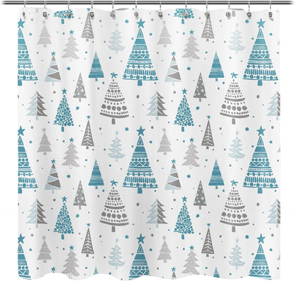 Sunlit Christmas Shower Curtain, Blue and Gray Xmas Trees with Stars and Snow Pattern Shower Curtains for Bathroom Decor, Winter Snowflake Pine Tree Bathroom Curtains, 71x71 Inch
