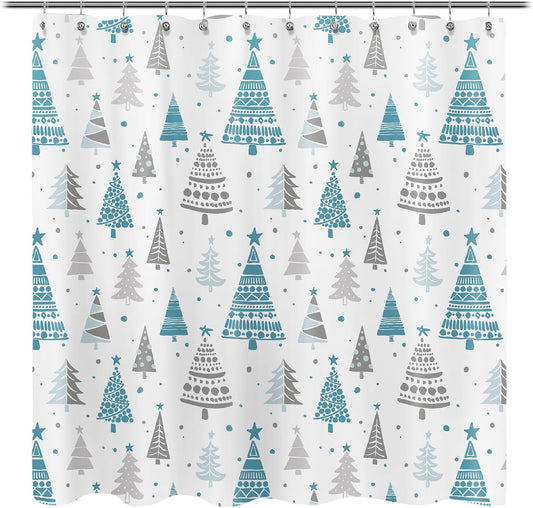 Sunlit Christmas Shower Curtain, Blue and Gray Xmas Trees with Stars and Snow Pattern Shower Curtains for Bathroom Decor, Winter Snowflake Pine Tree Bathroom Curtains, 71x71 Inch
